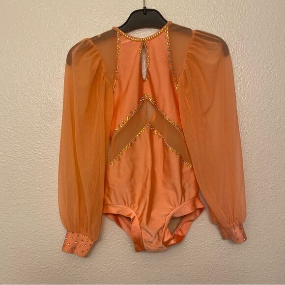LA dance solo custom orange costume mesh rhinestone poet sleeve Diana leotard LC - Picture 4 of 11